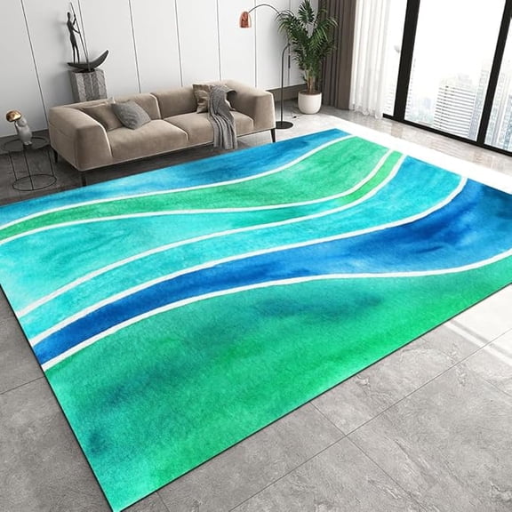 Water Ripple Blue Abstract Area Rug, Modern Aesthetic Wave Design Living Room Rugs, Non-Slip Machine Washable Bedroom Carpet, Soft Low Pile Dining Room Nursery Rugs 4 x 5ft