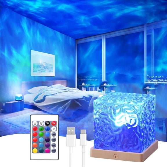 Water‑Ripple Cube Ambient Light, 16‑Color RGB Ocean Wave Projector Night Light with Remote LED Mood Lamp for Bedroom, Home Decoration, Party