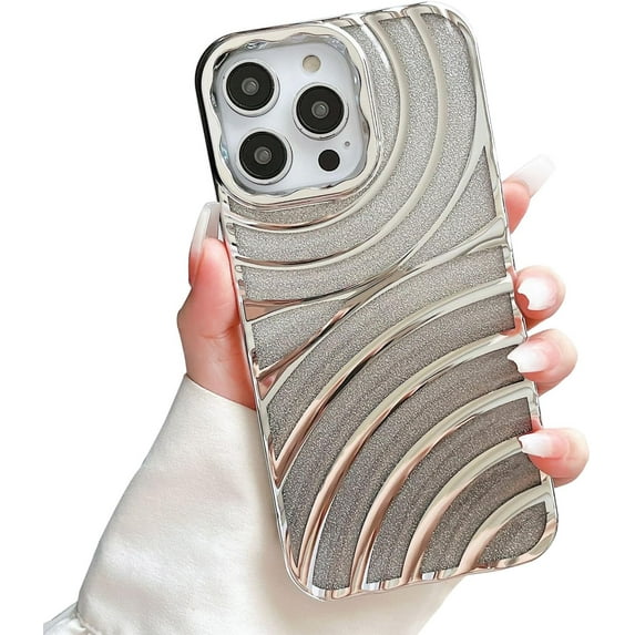 Water Ripple Curly Wavy Glitter Bling Plating TPU Case Compatible with iPhone Case (iPhone 13 Pro,Silver)