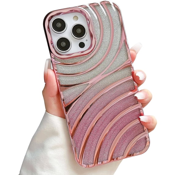 Water Ripple Curly Wavy Glitter Bling Plating TPU Case Compatible with iPhone Case (iPhone 15,Pink)