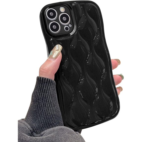Water Ripple Glossy Case for iPhone 13 Pro Max Soft TPU Shockproof Camera Protective Back Cover for Women Girl Curly Wave Frame Phone Case for iPhone 13 Pro Max 6.7 Inch Black