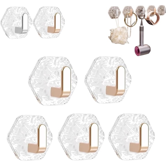 Water Ripple Hexagonal Self Adhesive Hooks, No Drill Bathroom Kitchen Wall Hooks, Glacier Ripple Design, Acrylic Waterproof Adhesive Hooks for Towels, Keys & Home Decor (Gold - 5pcs)