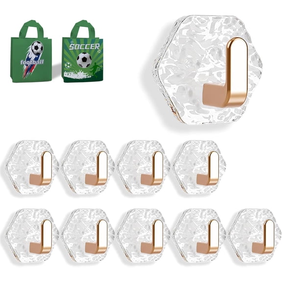Water Ripple Hexagonal Self Adhesive Hooks, No Drill Bathroom Kitchen Wall Hooks, Heavy Duty Waterproof Adhesive for Towels, Keys & Home Decor (Gold*10)