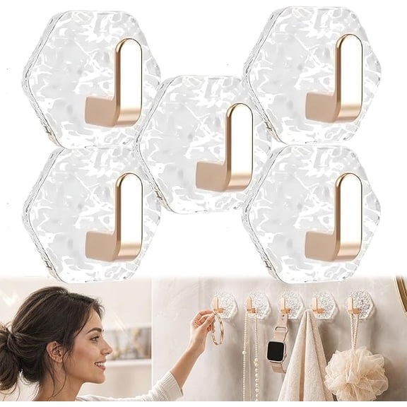 Water Ripple Hexagonal Self Adhesive Hooks, Heavy Duty Waterproof Adhesive, No Drill Bathroom Kitchen Wall Hooks for Towels, Keys & Home Decor(A,5PC)