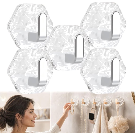 Water Ripple Hexagonal Self Adhesive Hooks, Heavy Duty Waterproof Adhesive, No Drill Bathroom Kitchen Wall Hooks for Towels, Keys & Home Decor(B,5PC)