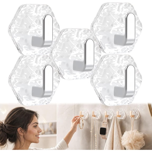 Water Ripple Hexagonal Self Adhesive Hooks, Heavy Duty Waterproof Adhesive, No Drill Bathroom Kitchen Wall Hooks for Towels, Keys & Home Decor(B,5PC)