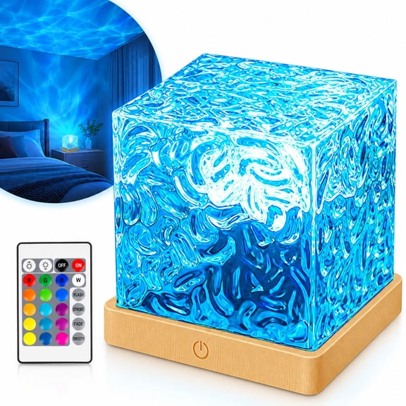 Water Ripple Lamp,16-Color Ocean Wave Projector Light with Remote Control,Acrylic Cube Night Light