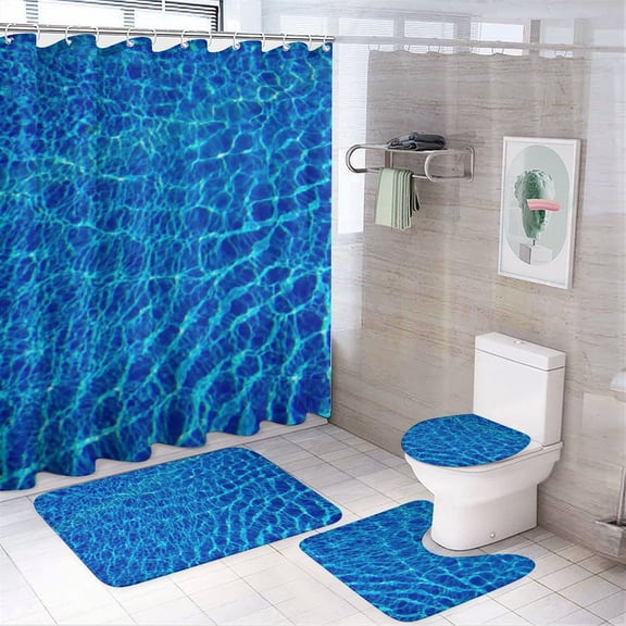 Water Ripple Light Blue Shower Curtain Set 4PCs with Hooks Waterproof Bathroom Toilet Mat Lid Decor