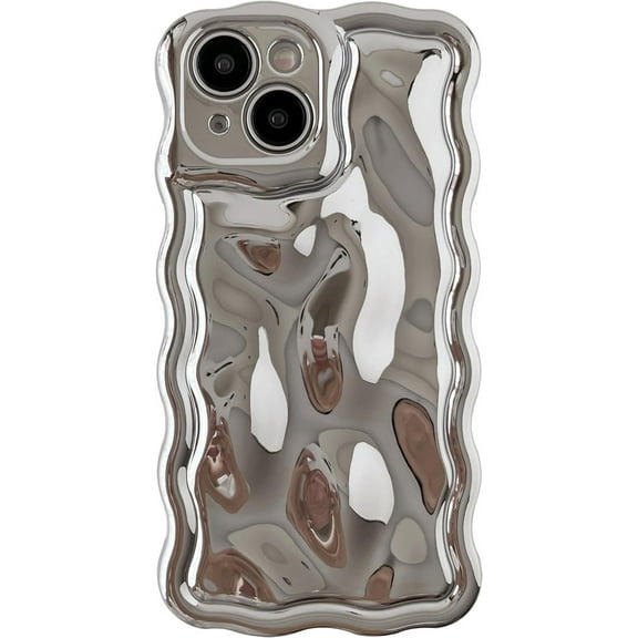 Water Ripple Meteorite Bubble Pattern Wavy Frame Chrome Plating Electroplated Compatible with iPhone Case (Silver,iPhone 14 Pro Max)