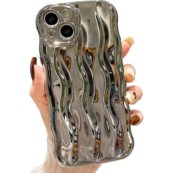 Water Ripple Pattern Case for iPhone 14 Soft TPU Shockproof Camera Protective Back Cover for Women Girl Curly Wave Frame Phone Case for iPhone 14 6.1 Inch Silver