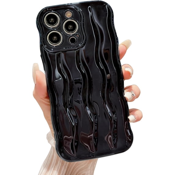 Water Ripple Pattern Case for iPhone 15 Pro Max Soft TPU Shockproof Camera Protective Back Cover for Women Girl Curly Wave Frame Phone Case for iPhone 15 Pro Max 6.7 Inch Black