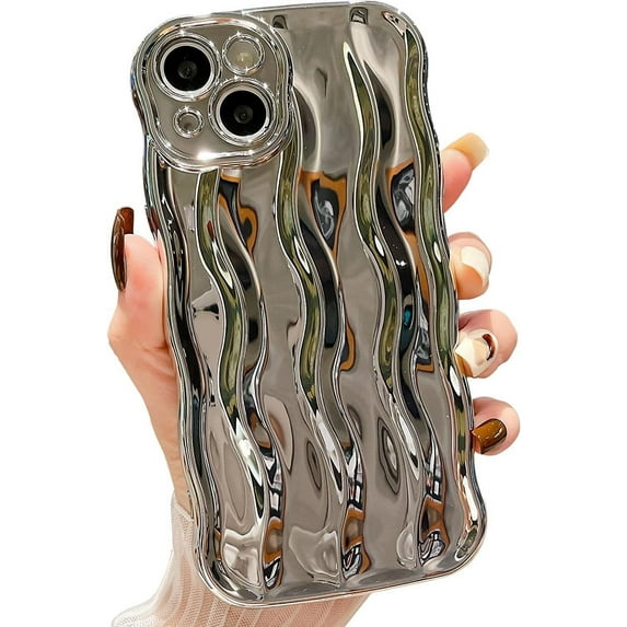 Water Ripple Pattern Curly Phone Case for iPhone 13 6.1 inch, Stylish Wave Frame Soft Case 3D Water Ripple Protective Cover Shockproof Case for Women Girls Slim Case - Silver
