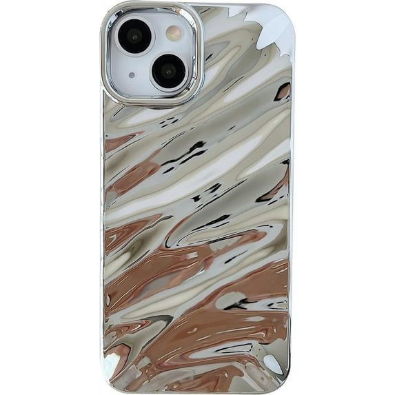 Water Ripple Pattern Curly Wave Shape Chrome Plating Electroplated Soft Compatible with iPhone Case (iPhone 14 Pro Max,Silver)