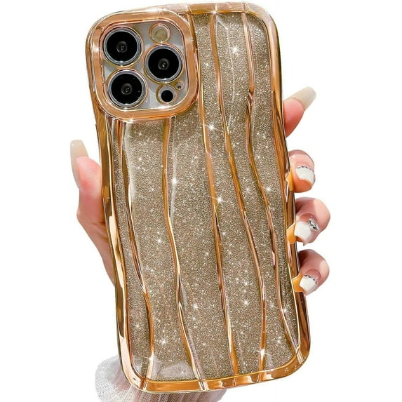 Water Ripple Pattern Glitter Case for iPhone 13 Pro Max, Luxury Electroplated Curly Wave Frame Bling Phone Case for iPhone 13 Pro Max, Soft TPU Protective case for Women Girls, Gold