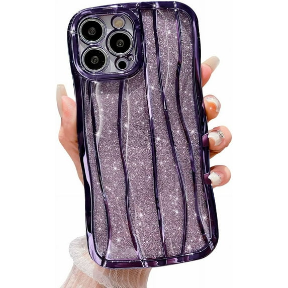 Water Ripple Pattern Glitter Case for iPhone 13 Pro Max, Luxury Electroplated Curly Wave Frame Bling Phone Case for iPhone 13 Pro Max, Soft TPU Protective case for Women Girls, Purple