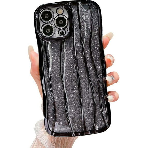 Water Ripple Pattern Glitter Case for iPhone 14 Pro Max, Luxury Electroplated Curly Wave Frame Bling Phone Case for iPhone 14 Pro Max, Soft TPU Protective case for Women Girls, Black