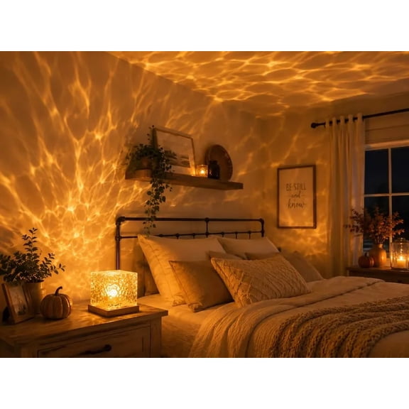 Water Ripple Projection Lamp, 4.5-Inch Rechargeable Crystal Cube Night Light with Touch Control & Remote, RGB 16-Color Dynamic Wave Effect for Bedroom, Living Room & Office Decor (Wooden Base)