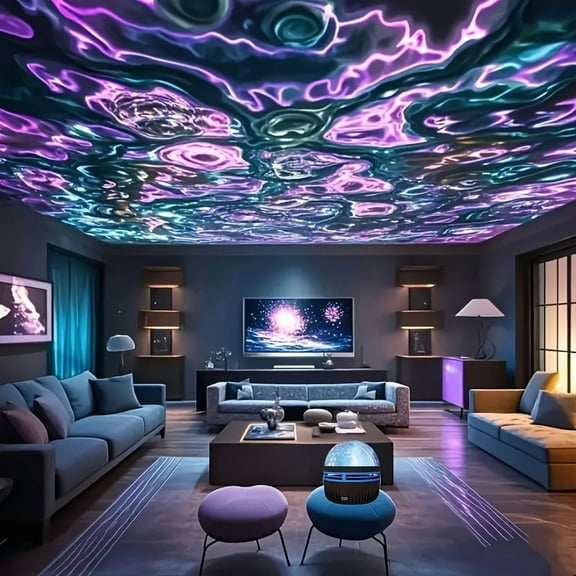 Water Ripple Projector Lamp with Starry Sky LED - USB-C/Battery Powered, Remote Control Color Changing Mood Light for Bedroom, Living Room, Holiday Gift, Sunset Ambiance Lighting Effect