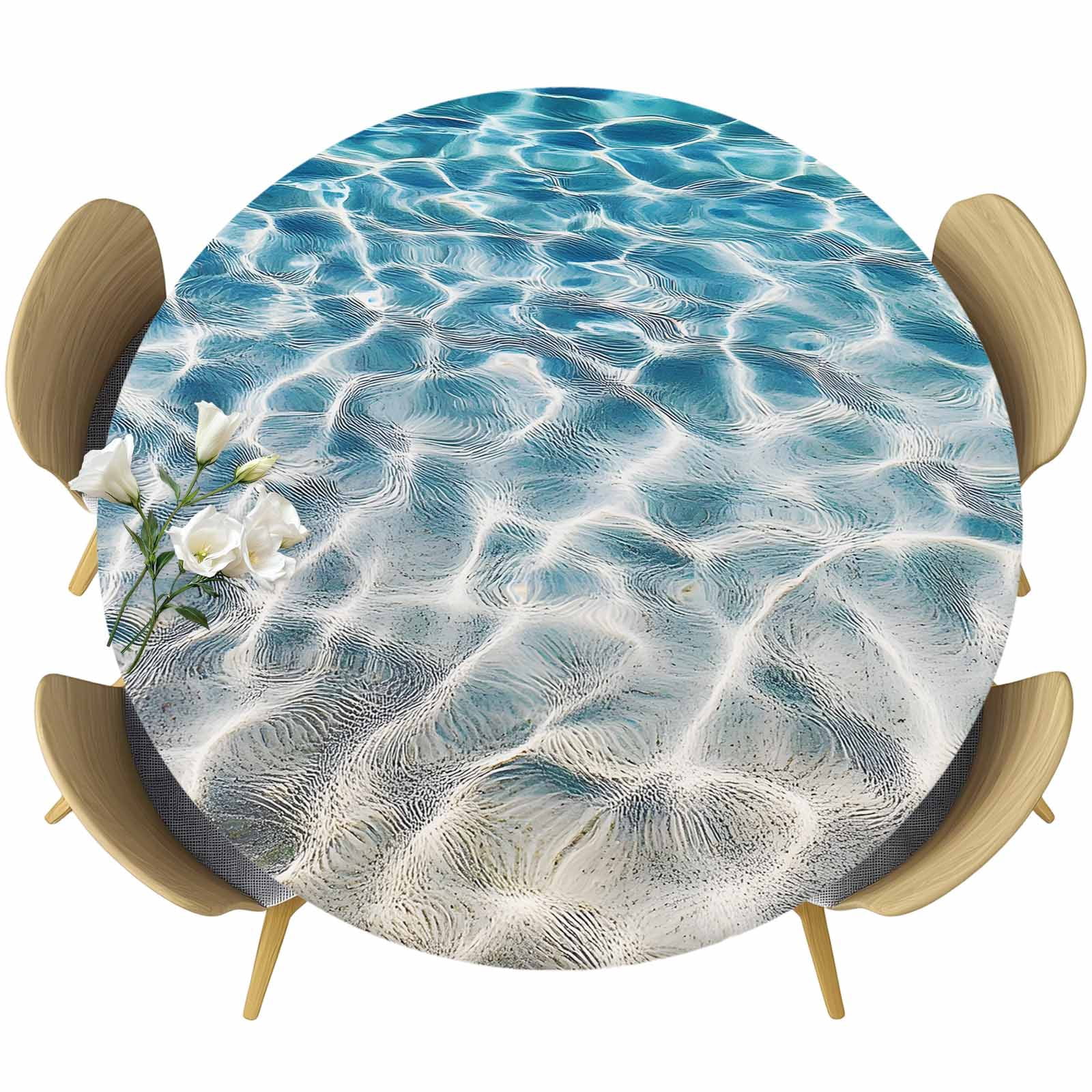 Round Ripple Cloth Water Ripple Round Fitted Table Cover Summer Ocean Beach Sand Seabed ...