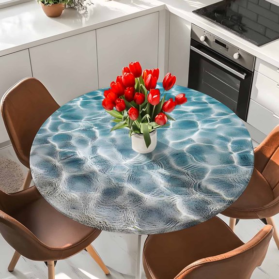 Water Ripple Seaside Beach Round Fitted Tablecloth with Elastic Edge,Waterproof Table Cloth Fits Tables Up to 36"-44",Washable Table Cover for Indoor Outdoor Dinning Party,Summer Ocean Theme