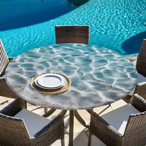 Water Ripple Seaside Beach Round Fitted Tablecloth with Elastic Edge,Waterproof Table Cloth Fits Tables Up to 45"-54",Washable Table Cover for Indoor Outdoor Dinning Party,Summer Ocean Theme