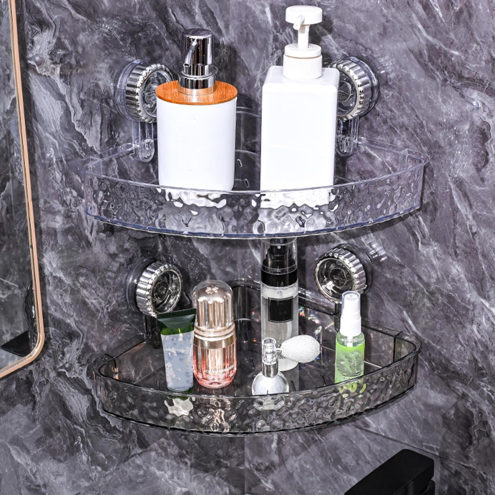 TAILI Powerful Suction Cup Corner Shower Caddy 2 Pack, Stainless Steel Rustproof Shower Shelf with Hook, Drill-Free Wall Mounted Basket, Large Capacity Removable Suction Cup Bathroom Organizer, Silver