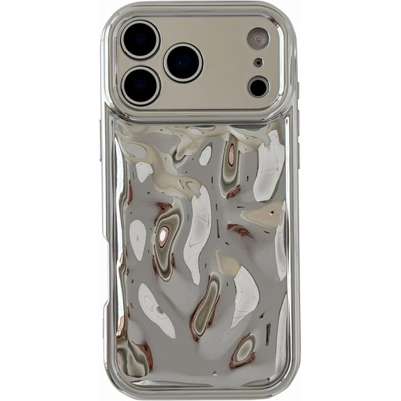 Water Ripple Wave Meteorite Bubble Pattern Chrome Plating Soft Compatible with iPhone Case (Silver,iPhone 17)