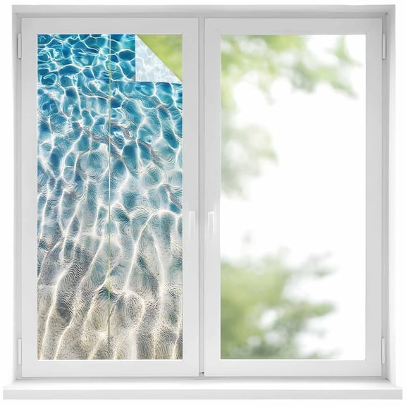 Water Ripple Window Privacy Film Summer Ocean Beach Sand Seabed Decorative Glass Window Film UV Blocking Static Cling Non-Adhesive Sticker Covering for Home Door 17.7 x 39.3 inches