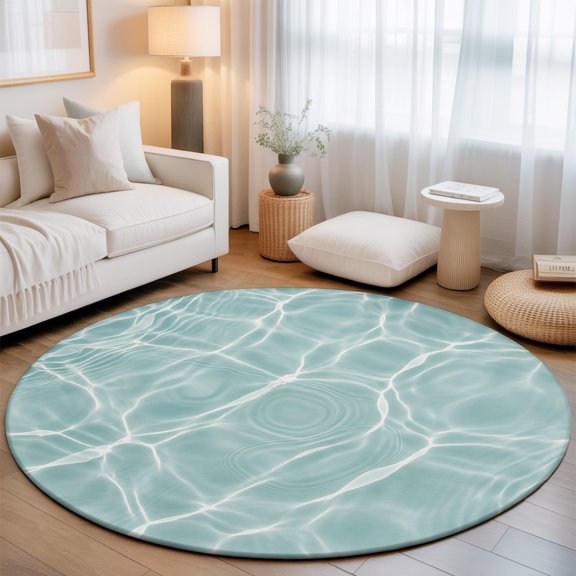 Water Ripples 7' Round Rugs for Living Room Conversation Area, Coastal Minimalist Ocean Turquoise Aqua Liquid Washable Non Slip Large Circle Area Rug Under Dining Table