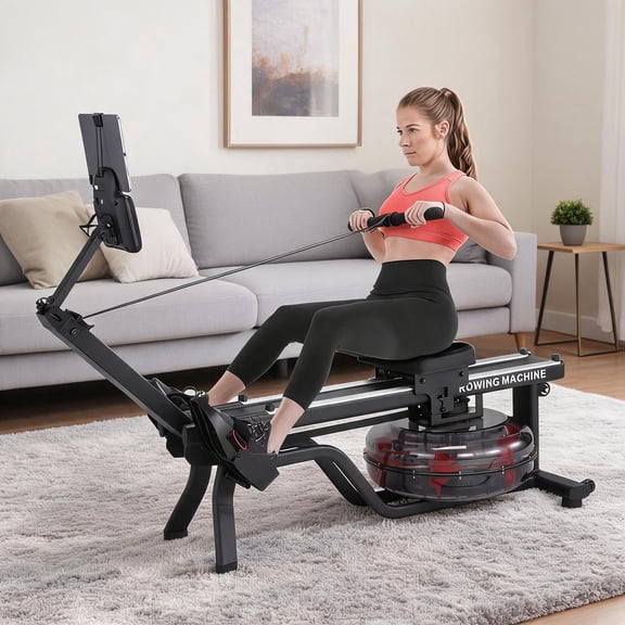 Water Rowing Machine with 380 LBS Capacity Cushioned Seat Dual Magnetic Monitor Leak Proof Tank Space Saving Vertical Storage for Home Gym