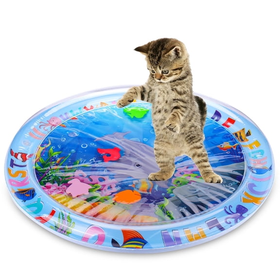 Water Sensory Play Mat for Cats, Cat Water Play Mat Interactive Toy for Bored Indoor Cats, Upgrade Leak-Proof PVC Cat Mat with Floating Fish Toy, Blue, 1 lb, for Anxiety Relief & Exercise