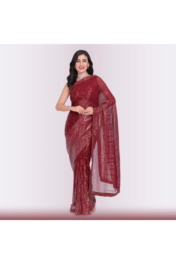 Water Sequin ReadyMade Saree - Red Size: L, Color: Red
