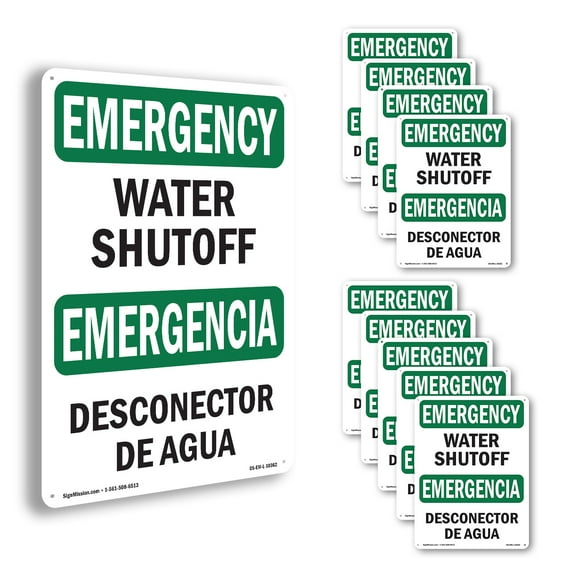 Water Shutoff Bilingual OSHA Emergency Rigid Plastic Sign 24 Inch x 18 Inch - 10 Pack