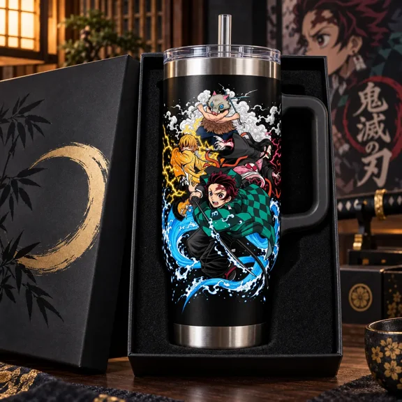 Water Slash Lightning Anime Demon Slayer Hunter Battle Squad Stainless Steel Tumbler With Handle Straw Lid Gift Box Black Action Art Travel Cup