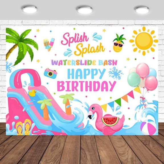 Water Slide Bash Happy Birthday Backdrop for Girls Splish Splash Swimming Pool Summer Background Summer Happy Birthday Party Decorations Banner Photo Studio Props