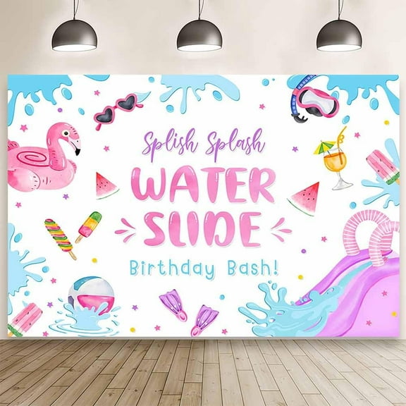 Water Slide Birthday Bash Backdrop for Girls Splish Splash Pool Party Photography Background Summer Swimming Pool Bday Decor Hawaiian Flamingo Beach Balls Pool Bash Banner Photo Props