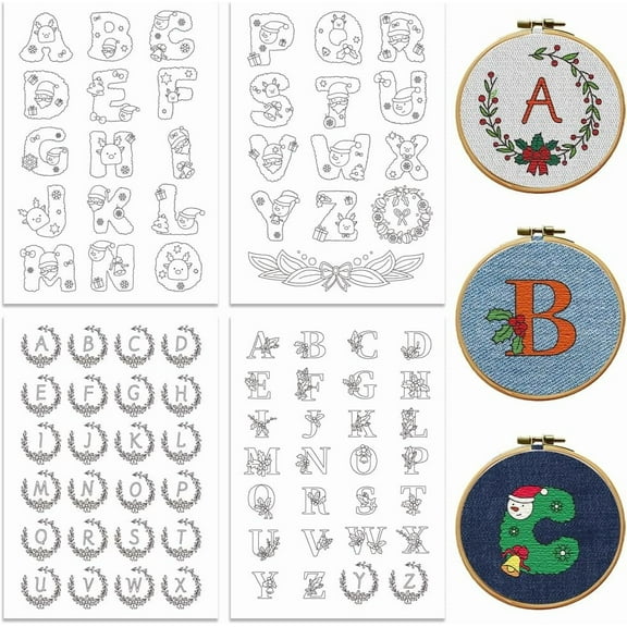 Water Soluble Embroidery Patterns for Beginners 26 Christmas Letters Santa Claus 4 Sheets with 80pcs Wash Away Embroidery Pattern Stabilizer for Hand Sewing Lover Women Adults White