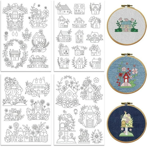 Water Soluble Embroidery Patterns for Beginners 4 Sheets with 12 Patterns Wash Away Embroidery Pattern Stabilizer for Hand Sewing Lover Women Adults (House with Flower)