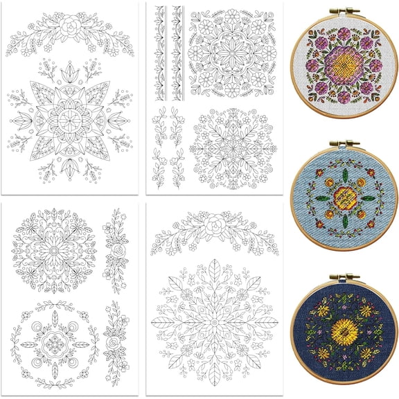 Water Soluble Embroidery Patterns for Beginners 4 Sheets with 14 Patterns Wash Away Embroidery Pattern Stabilizer for Hand Sewing Yoga Lover Women Adults (Mandala Flower)