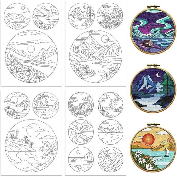 Water Soluble Embroidery Patterns for Beginners 4 Sheets with 15 Patterns Wash Away Embroidery Pattern Stabilizer for Hand Sewing Lover Women Adults (Beautiful Scenery)