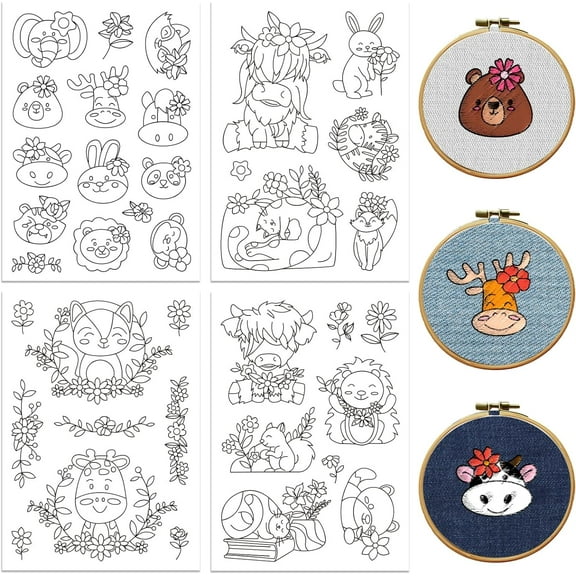 Water Soluble Embroidery Patterns for Beginners 4 Sheets with 37 Patterns Wash Away Embroidery Pattern Stabilizer for Hand Sewing Lover Women Adults (Animals Wearing Flowers)