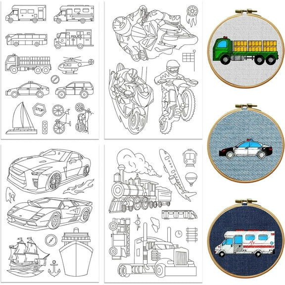 Water Soluble Embroidery Patterns for Beginners 4 Sheets with 38 Transportation Vehicle Patterns Racing Motorcycle Wash Away Embroidery Pattern Stabilizer for Hand Sewing Lover Women Adults