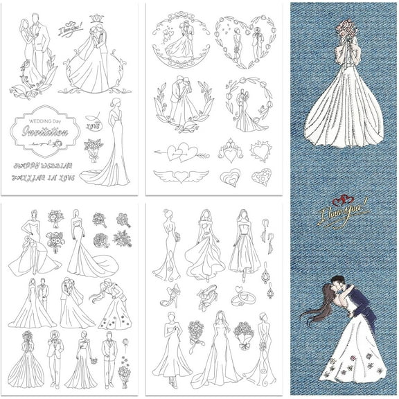 Water Soluble Embroidery Patterns for Beginners 4 Sheets with 49pcs Wedding Groom Bride Patterns Happy Wedding Wash Away Embroidery Pattern Stabilizer for Hand Sewing Lover Women Adults
