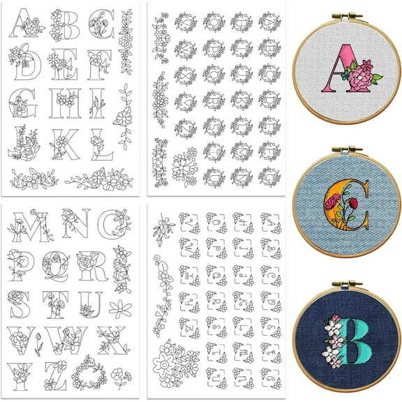Water Soluble Embroidery Patterns for Beginners 4 Sheets with 94pcs Alphabet Floral Wreath Patterns Wash Away Embroidery Pattern Stabilizer for Hand Sewing Lover Women Adults for DIY