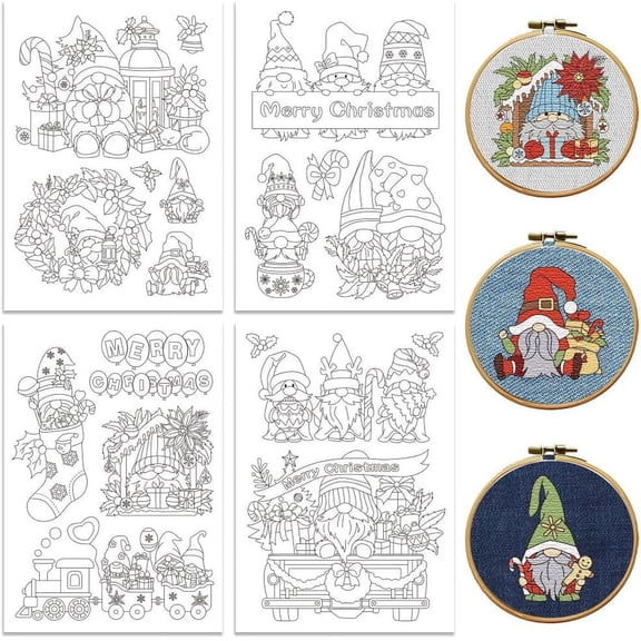 Water Soluble Embroidery Patterns for Beginners Christmas Fairy Elves Gnome Socks 4 Sheets with 20pcs Wash Away Embroidery Pattern Stabilizer for Hand Sewing Lover Women Adults diy