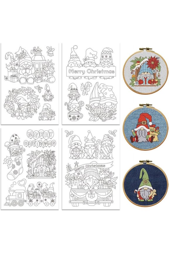 Water Soluble Embroidery Patterns for Beginners Christmas Fairy Elves Gnome Socks 4 Sheets with 20pcs Wash Away Embroidery Pattern Stabilizer for Hand Sewing Lover Women Adults Colorful DIY