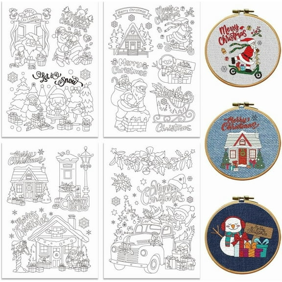 Water Soluble Embroidery Patterns for Beginners Christmas Santa Claus House Tree Sleigh 4 Sheets with 14pcs Wash Away Embroidery Pattern Stabilizer for Hand Sewing Lover Women Adults Colorful