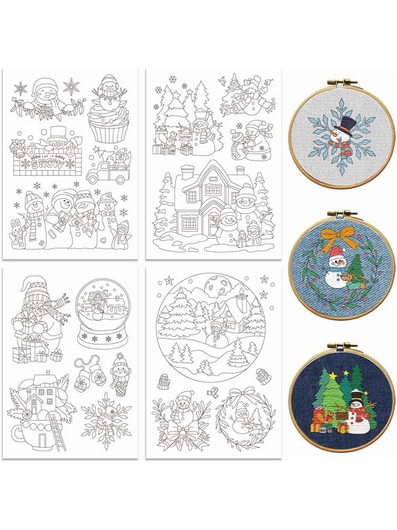 Water Soluble Embroidery Patterns for Beginners Christmas Snowman Gloves Scarf 4 Sheets with 21pcs Wash Away Embroidery Pattern Stabilizer for Hand Sewing Lover Women Adults