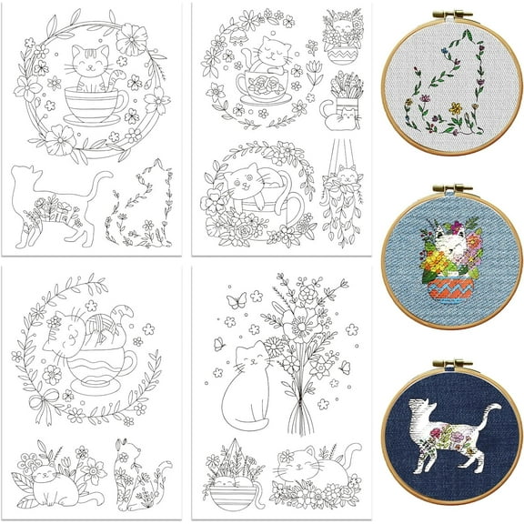 Water Soluble Embroidery Patterns for Beginners Flowers Teacup Cat 4 Sheets with 14pcs Patterns Wash Away Stick and Stitch Embroidery Pattern Stabilizer for Hand Sewing Lover Women Adults