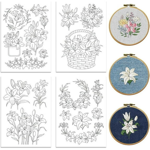 Water Soluble Embroidery Patterns for Beginners Lily Flowers 4 Sheets with 20pcs Wash Away Embroidery Pattern Stabilizer for Hand Sewing Lover Couple Women Adults